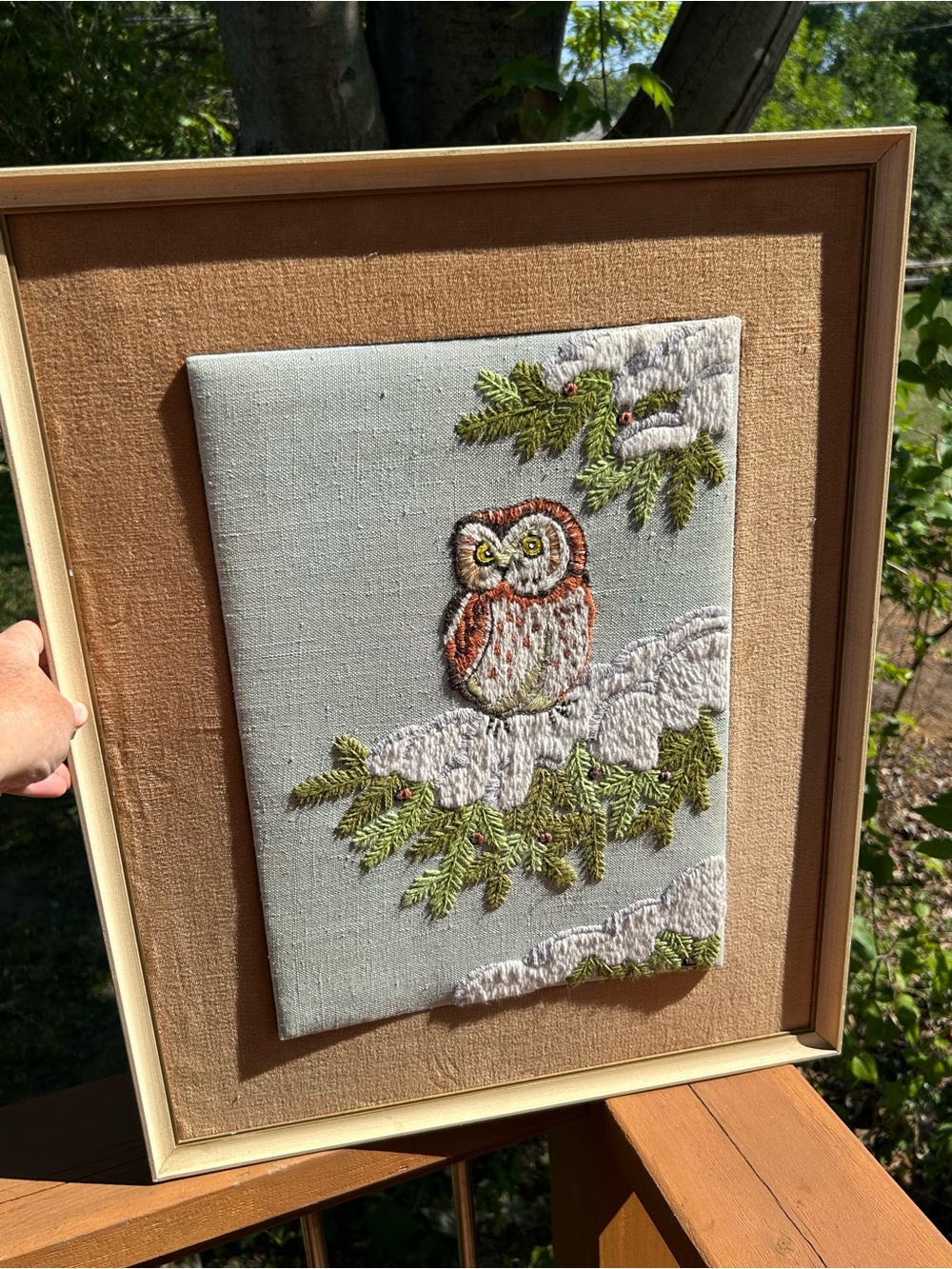 Vintage Art Crewel Owl Framed Embroidery Handmade Winter Cottagecore 18.5x23.5 - Picture 2 of 13